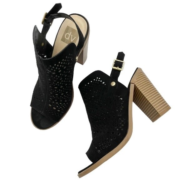 DV Dolce Vita Kassi Black Suede Slingback Peep Toe Block Heel Sandal Size 7 - Picture 2 of 16